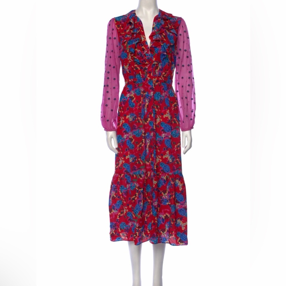 SALONI Red and Blue Floral Long Sleeve Dress